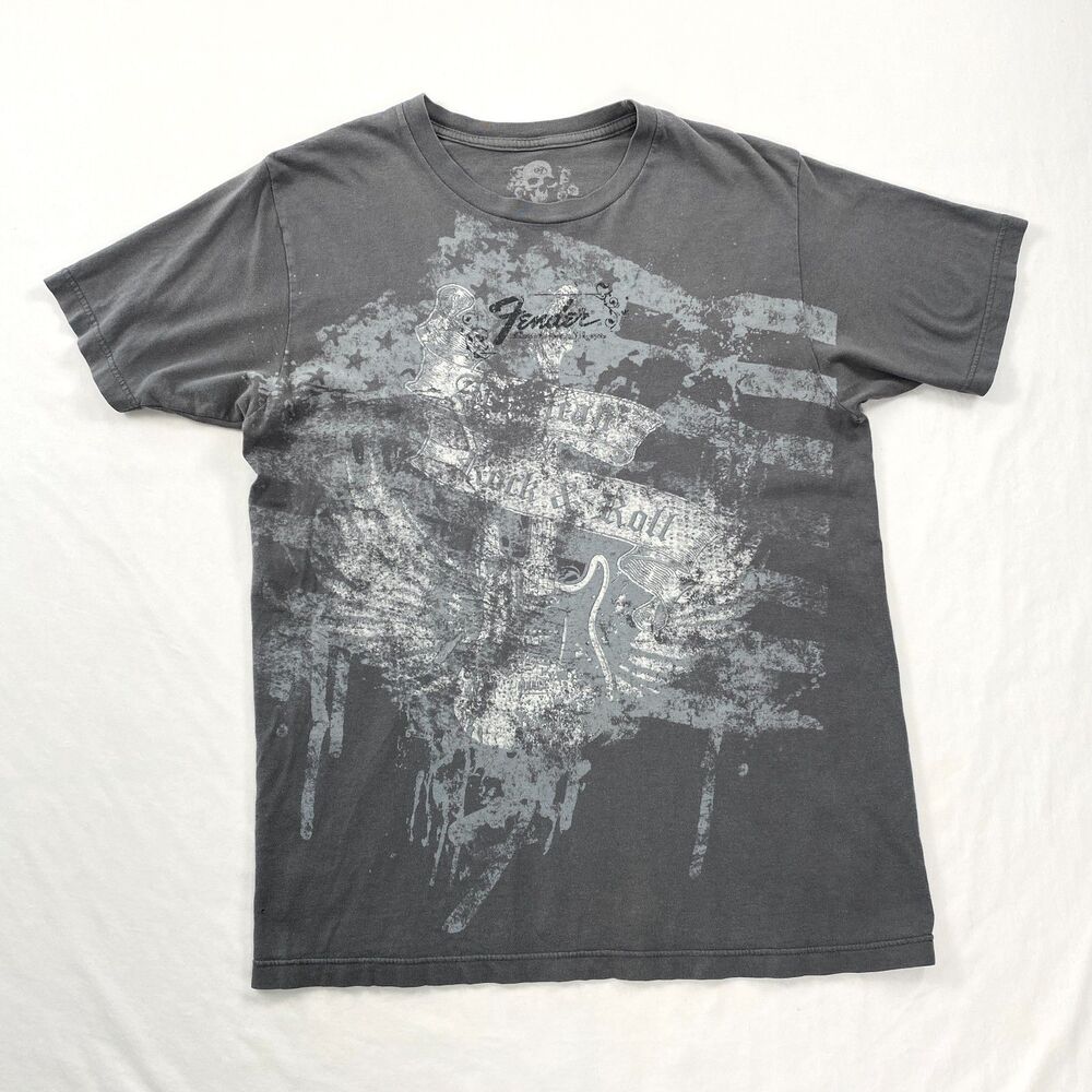 Fender Guitar Graphic T Shirt Tattoo Print Mens Medium Gray Y2K Grunge Punk